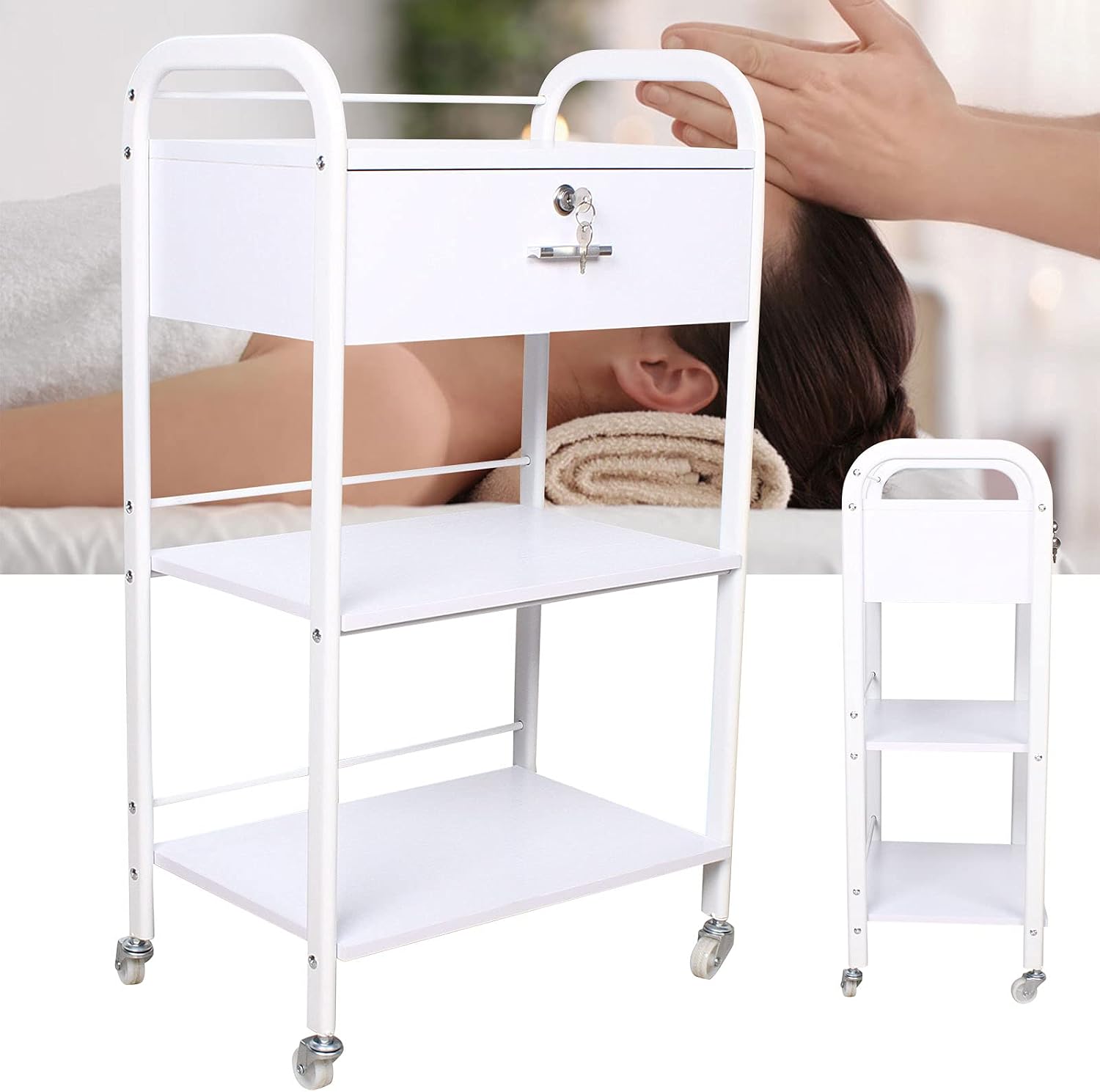 3-Tier Kitchen Storage Cart Salon Trolley Spa Utility Cart with Lockable Drawer, Salon Trolley for Beauty Shop, Barbershop, Home