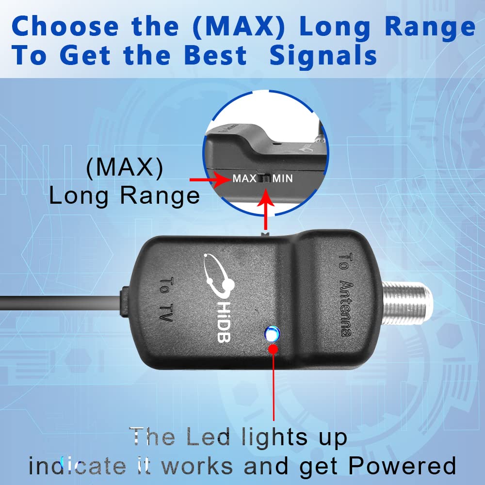 TV Antenna Amplifier Indoor/Outdoor, High Gain Signal Booster for Digital TV Antenna Indoor, Low Noise/Clears Up Pixelated Amplifier, Adjustable dB&Timer, USB Cable Power Supply