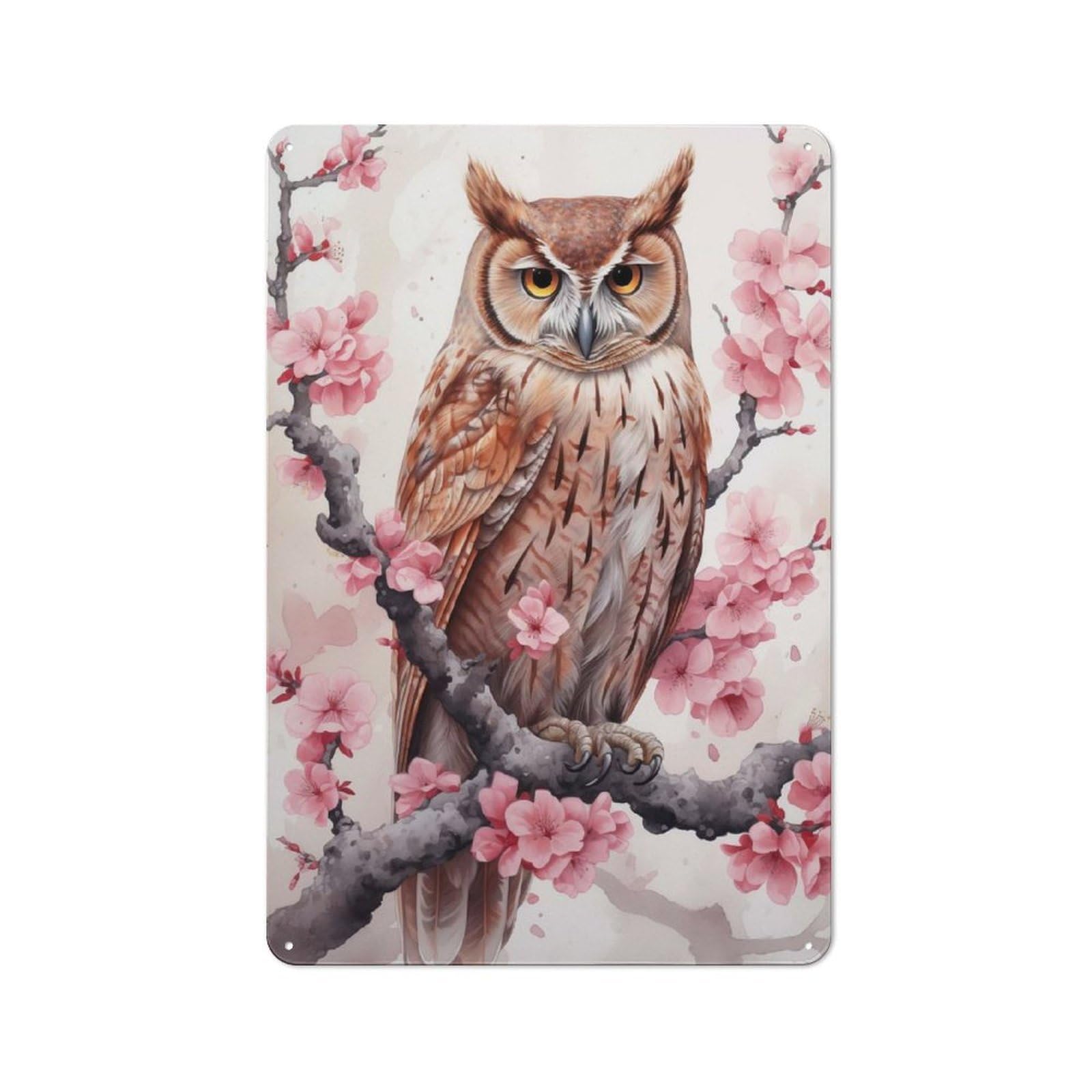 Junmoney Style-11 Cherry Blossom Owl Bird Tin Wall Sign 30X20cm, Loft Style Industrial Wall Decor For Loft, Studio, Office Or Creative Room