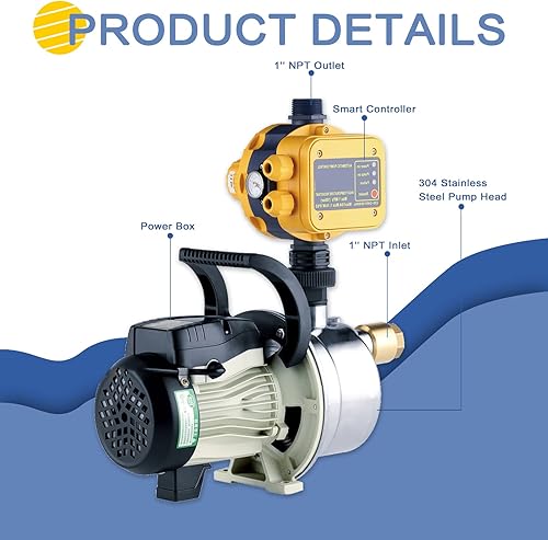 Miniatura 6 de Bomba de presión de agua de 12 HP con controlador inteligente, 845 GPH, 110 V, bomba de pozo de acero inoxidable, bomba de chorro de transferencia
