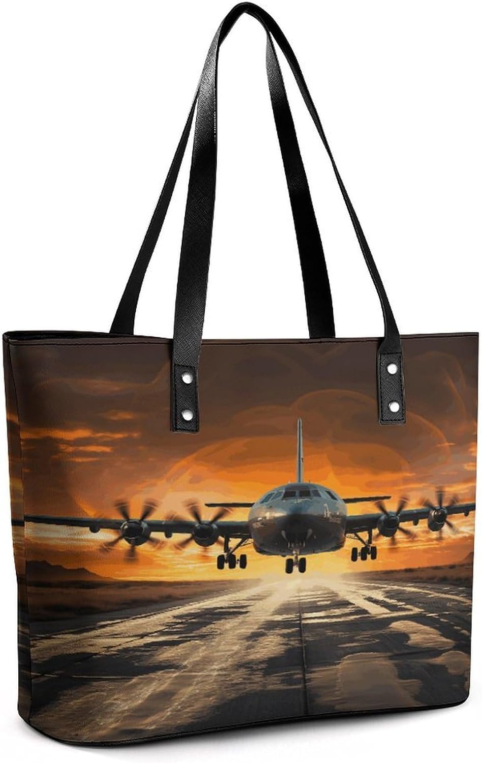 Military Plane Landing on Airforce Runways Against Beautiful Dusky Sky Tote Bag for Women Top Handle Large Size Satchel Purse Ladies Chic Shoulder Bag Aesthetic Leather Shoulder Handbag for Work Trave