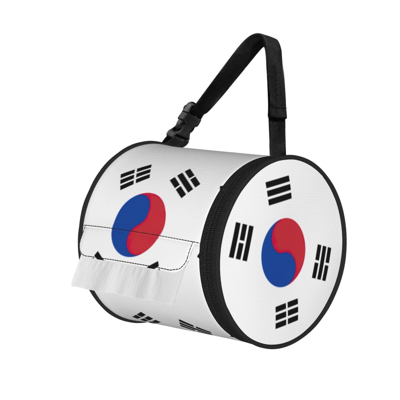 Flag Of Republic Of Korea Print Round Paper Tissue Holder With Shoulder Strap, Portable Roll Case For Caravan Travel Use
