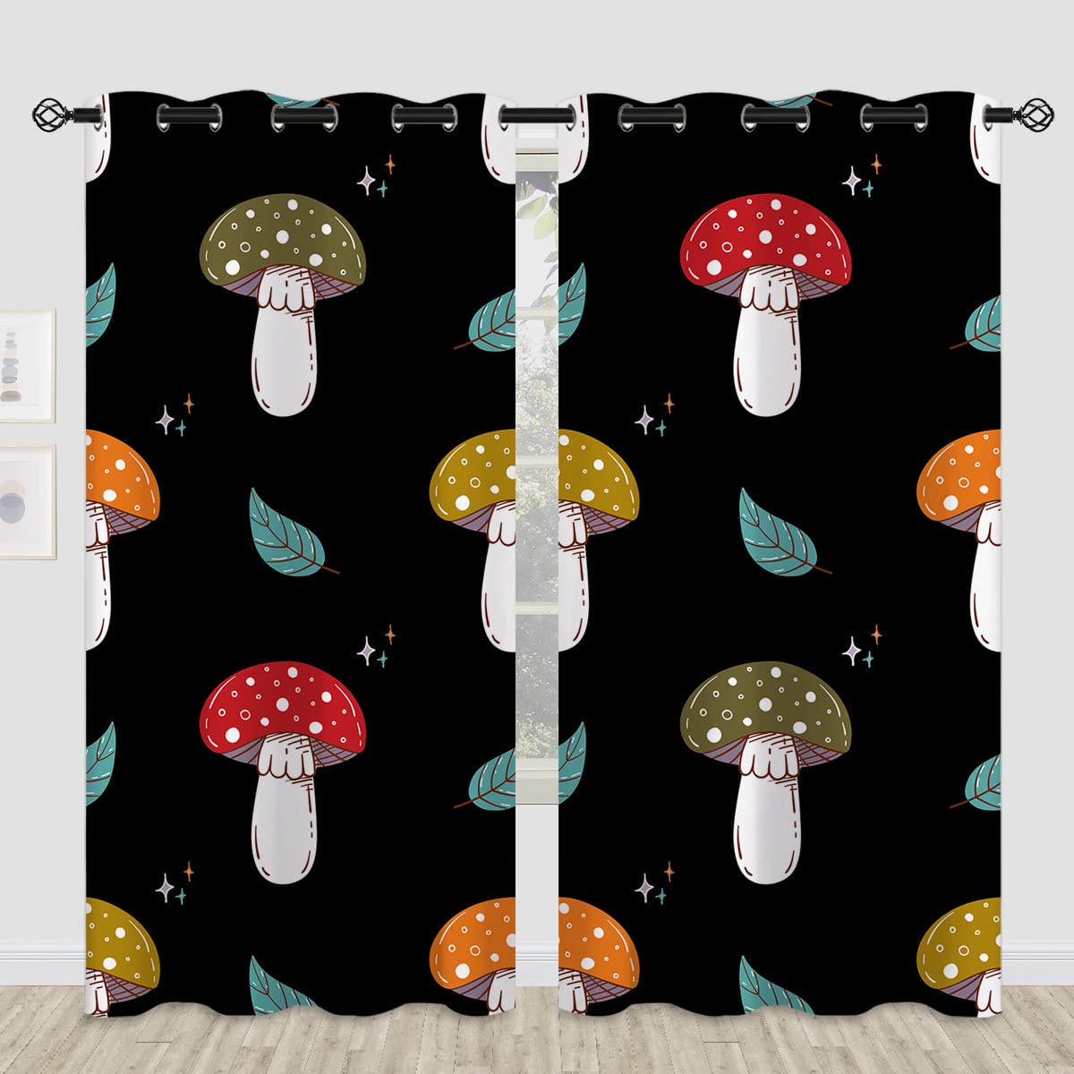 ONINUO Mushroom Blackout Curtains for Girls Boy Home Decor, Cartoon Fairy Tale Garden Cute Garden Grommet Thermal Insulated Drapes Darkening Window Curtain for Bedroom Living Room, 84 x 84 Inch