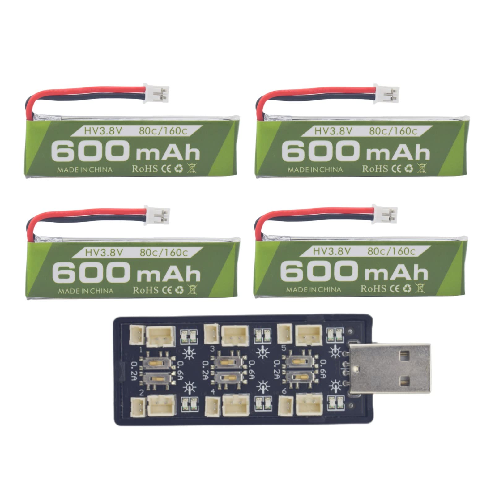 4PCS 1S 3.8V 80C 600mAh Batería de Litio con Conector de Enchufe JST-PH 2.0 con Cargador USB de Seis Canales 1s para Aviones teledirigidos RC de Carreras FPV en Miniatura de Cineahoop Tinyhawk