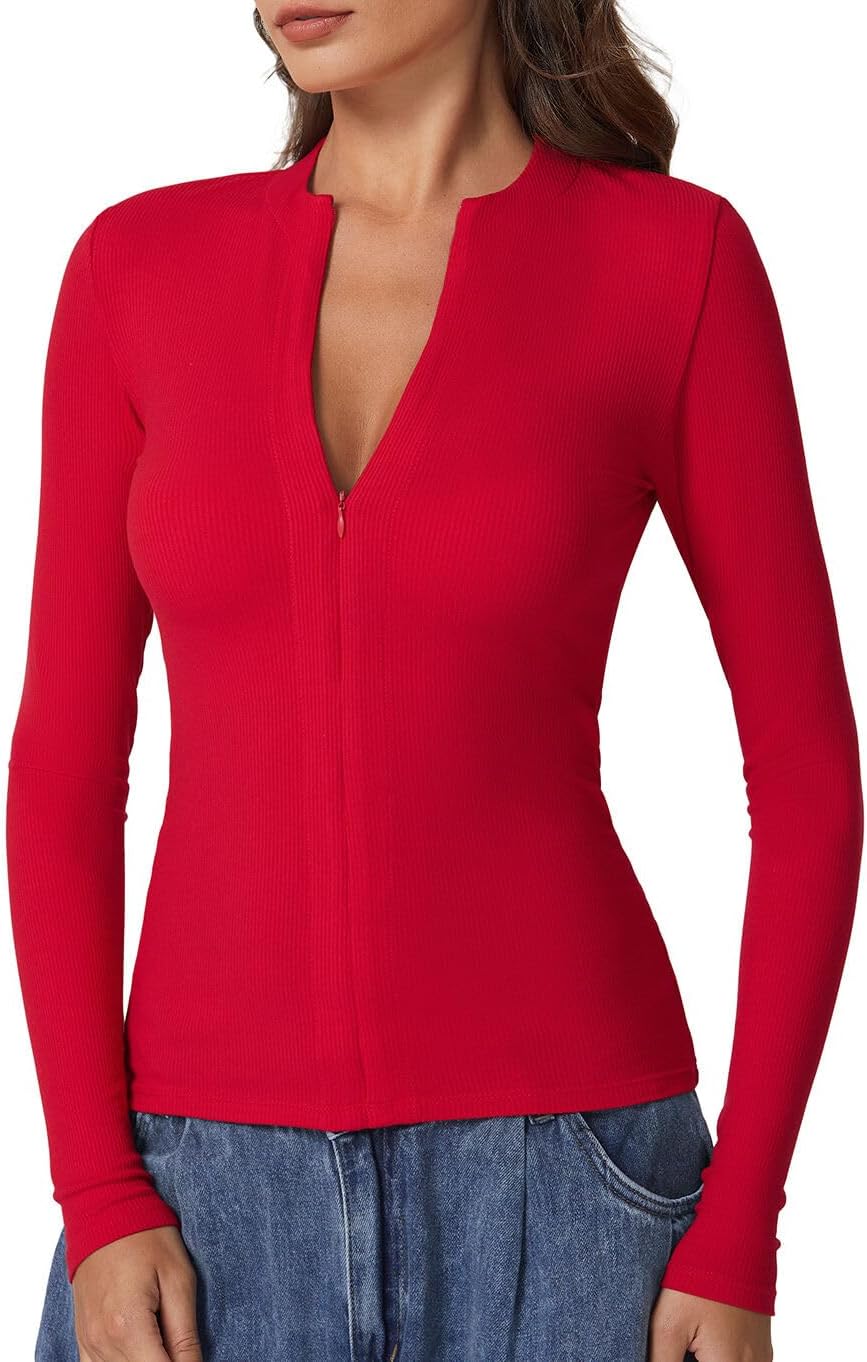 QINSEN Long Sleeve Shirts for Women Crewneck Half Zipper Ribbed Knit Going Out Tops Full Length Basic Tee