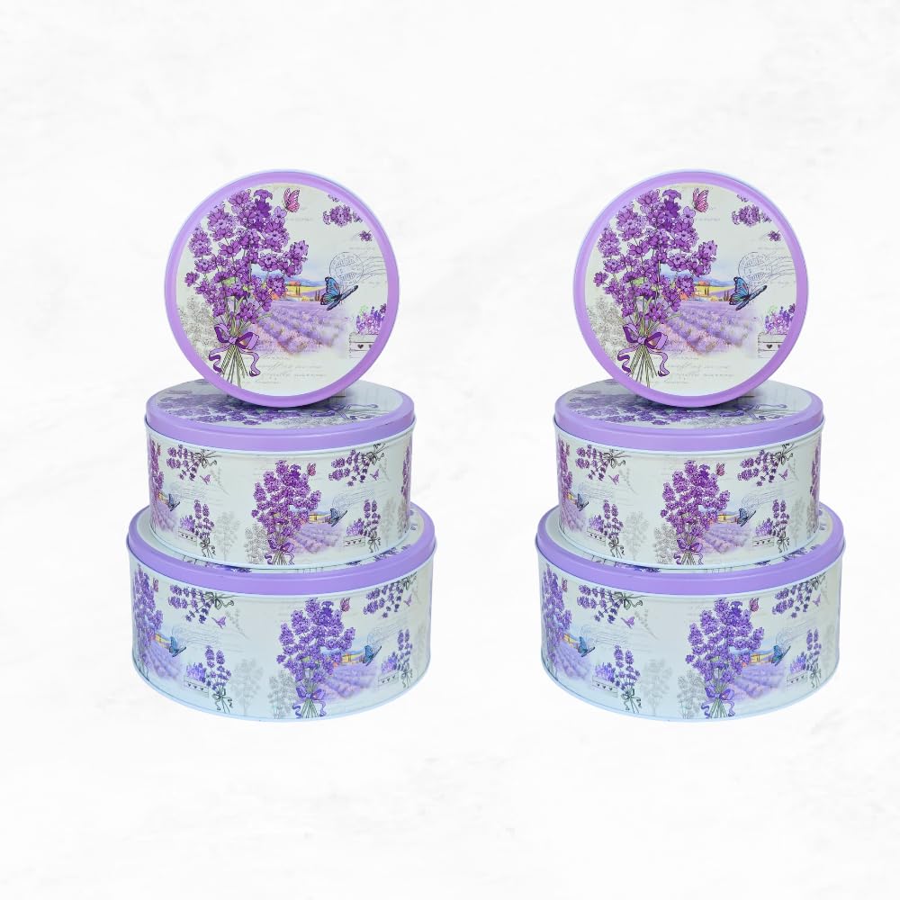 Pack of 3 Stackable Round Metal Tin Containers with Lids Pack of 2 – Multipurpose Tins for Cookies, Candies, Kitchen Storage & More | Thoughtful Gift for Birthday – Elegant Lavender Flower Design