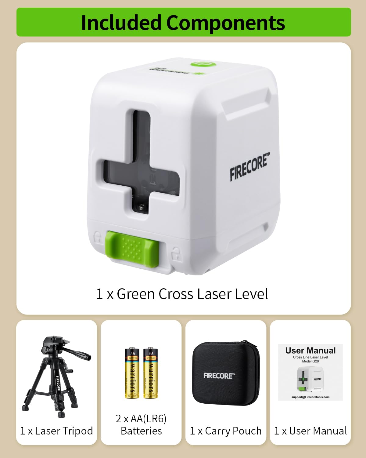 Firecore G20 Nivel Laser Autonivelante en Cruz, Nivel Laser con Trípode Alcance de 30 m, IP54 Lazer Verde Ideal para DIY, Decoracion,Herramienta De Nivelación