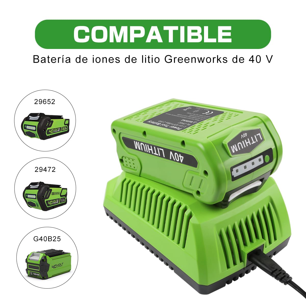 40V 2.5Ah Batería de Repuesto para batería Greenworks 40V G40B25 con Cargador 2A 40V Reemplazo para Cargador Greenworks 40V G40C