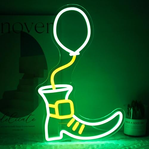 Letrero de neón con diseño de bota de la suerte, decoración del día de San Patricio, luces LED de neón de color verde y amarillo, regulables, para