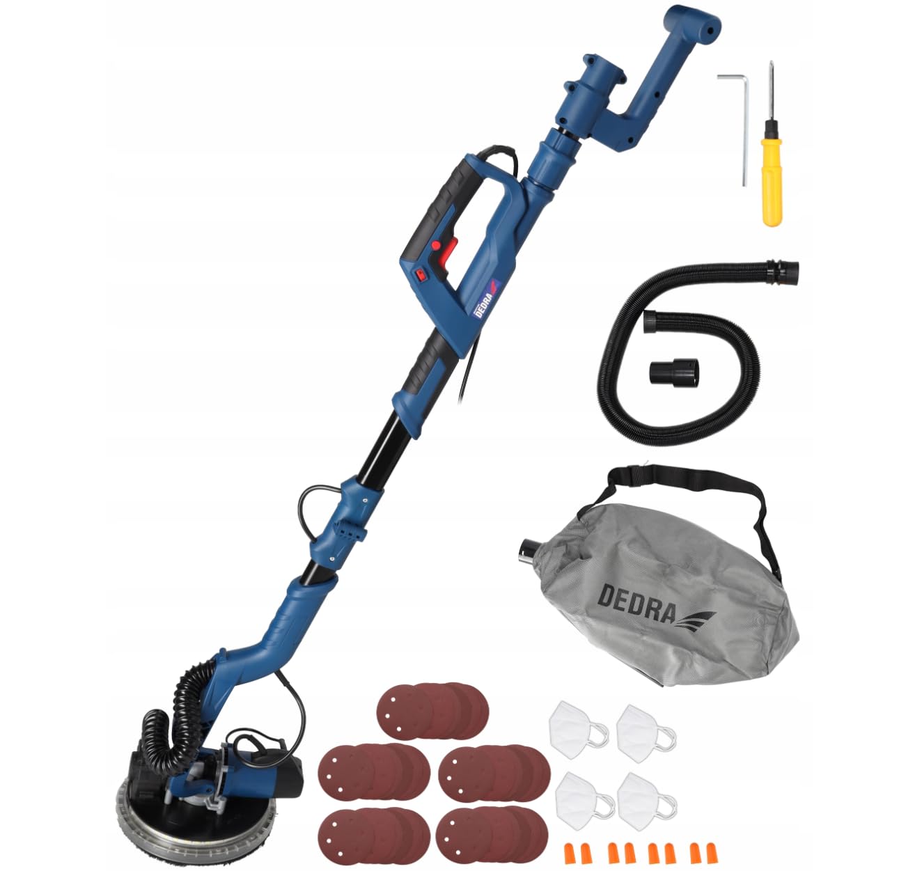 Szlifierka do suchej zabudowy z przekładnią, żyrafa, Turbo DEDRA DED7766A01, 750 W, 225 mm, 1850 obr./min, LED, do prac gipsowych i szpachlowych, składany uchwyt, możliwość podłączenia odkurzacza