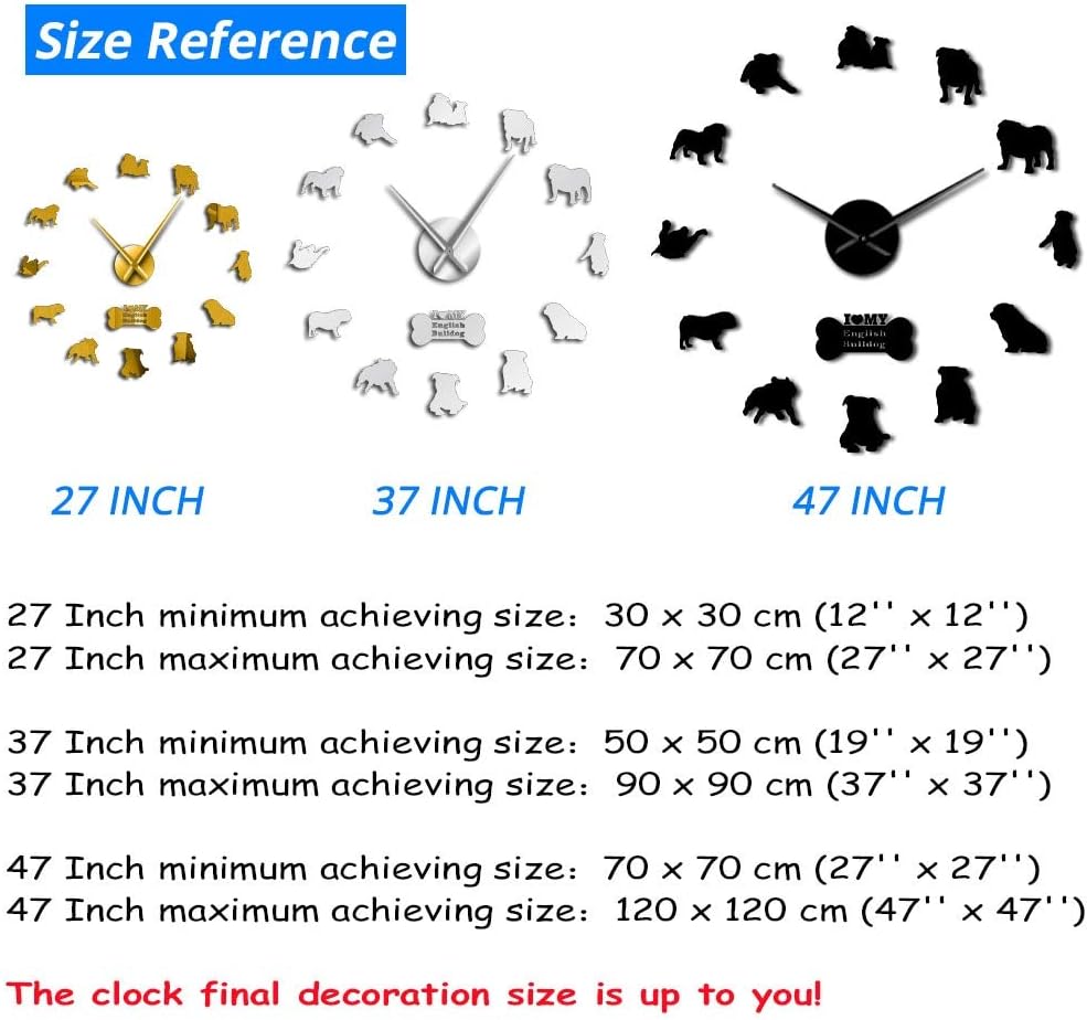 XDG English Bulldog Home Decor Wall Clock British Bulldog Silhouettes Wall Art DIY Large Wall Clock(Silver,47in)