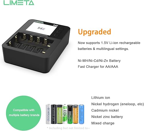 Miniatura 2 de LIMETA Cargador de batería inteligente R4 EVO para baterías recargables de litio de 1.5 V AA AAA Cargador rápido para 1.2V Ni-MHNi-Cd, Ni-Zn, 3.7V