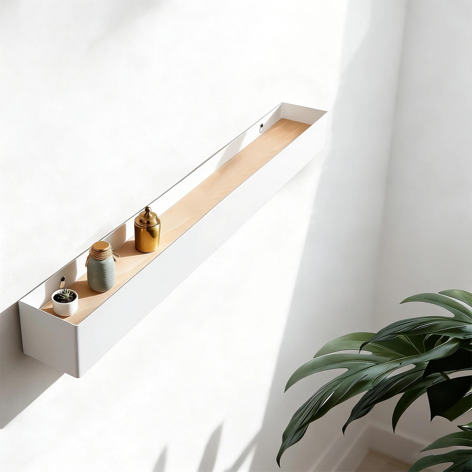 Colgador de Pared de 60 cm con Estante y 7 Ganchos Ocultos, Espaciosa Perchero de Pared Metal y Madera, Ganchos Percheros para Pasillo, Dormitorio, Sala de Estar, Blanco