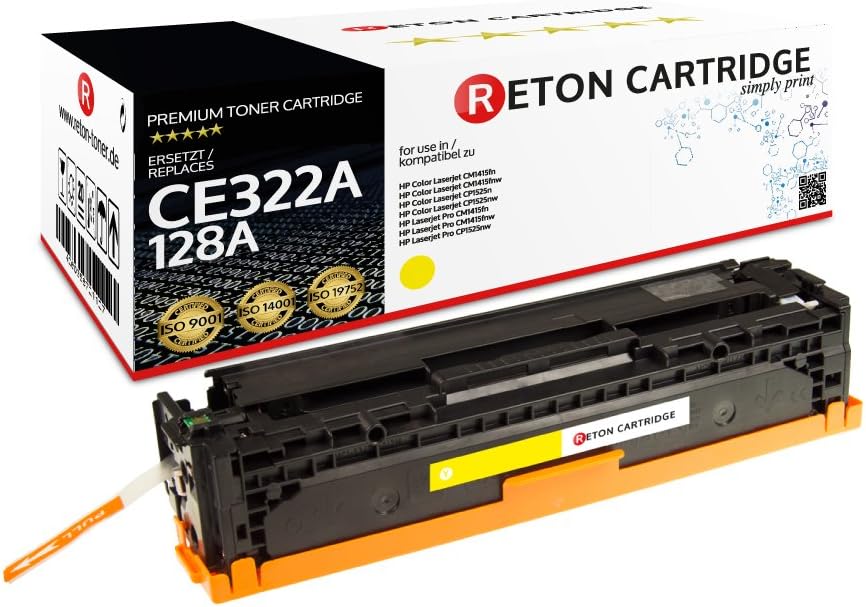 Original Reton Toner, Compatible, Yellow for HP PRO CM1410 (CE322A), HP 128A, COLOR LASERJET CM1415, CM1415FNW, CM1415FN, CP1520, CP1525, CP1525N, CP1525NW, CP1521N, Yellow