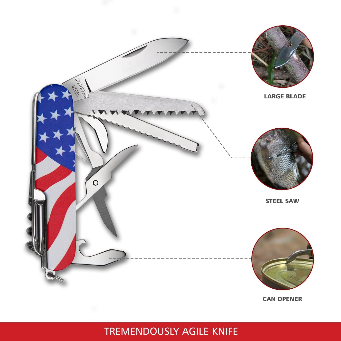 Swiss Eagle 12-in-1 Small Swiss Pocket Knife – Premium Multi Tool Pocket Knife with Large Blade, Screwdriver, Can Opener, Corkscrew & More - for Outdoors & Camping for Gifts (USA Flag)