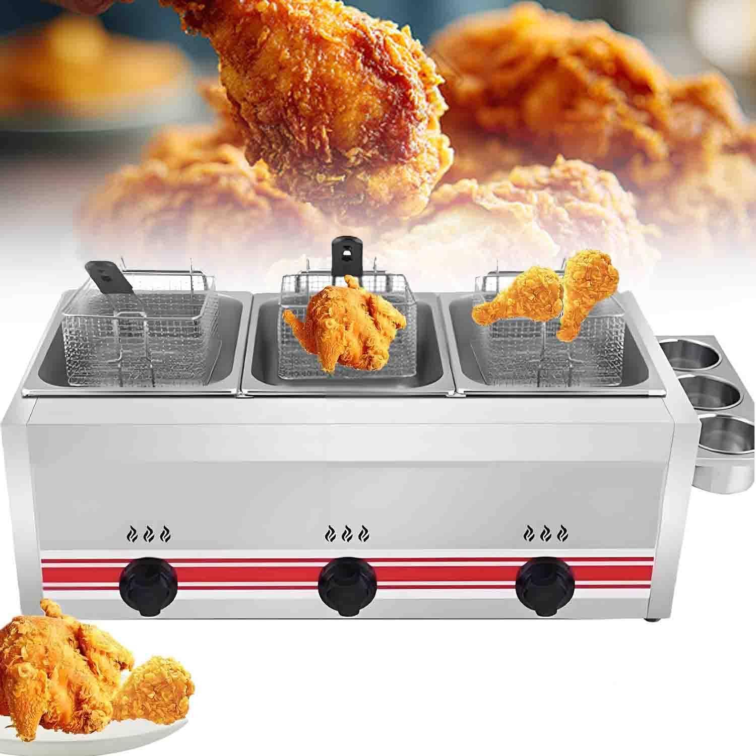 Friteuse à gaz Professionnelle en Acier Inoxydable, de comptoir, avec Compartiments latéraux pour Les épices, paniers, couvercles et Puissance réglable, idéale pour la friture de Poulet 30L