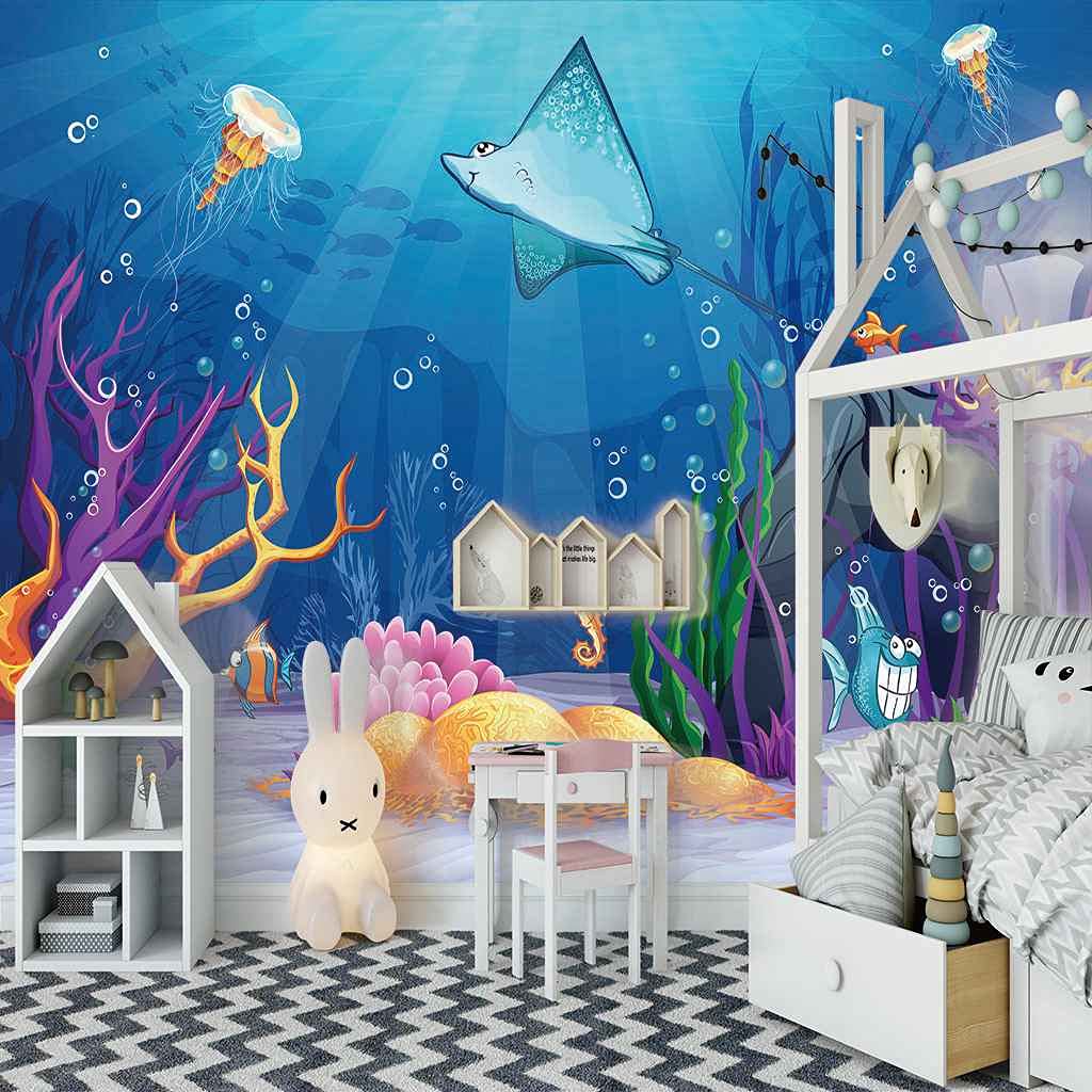 Papier peint toile 3D océan corail bleu poster mural géant 200x140 cm décor salon