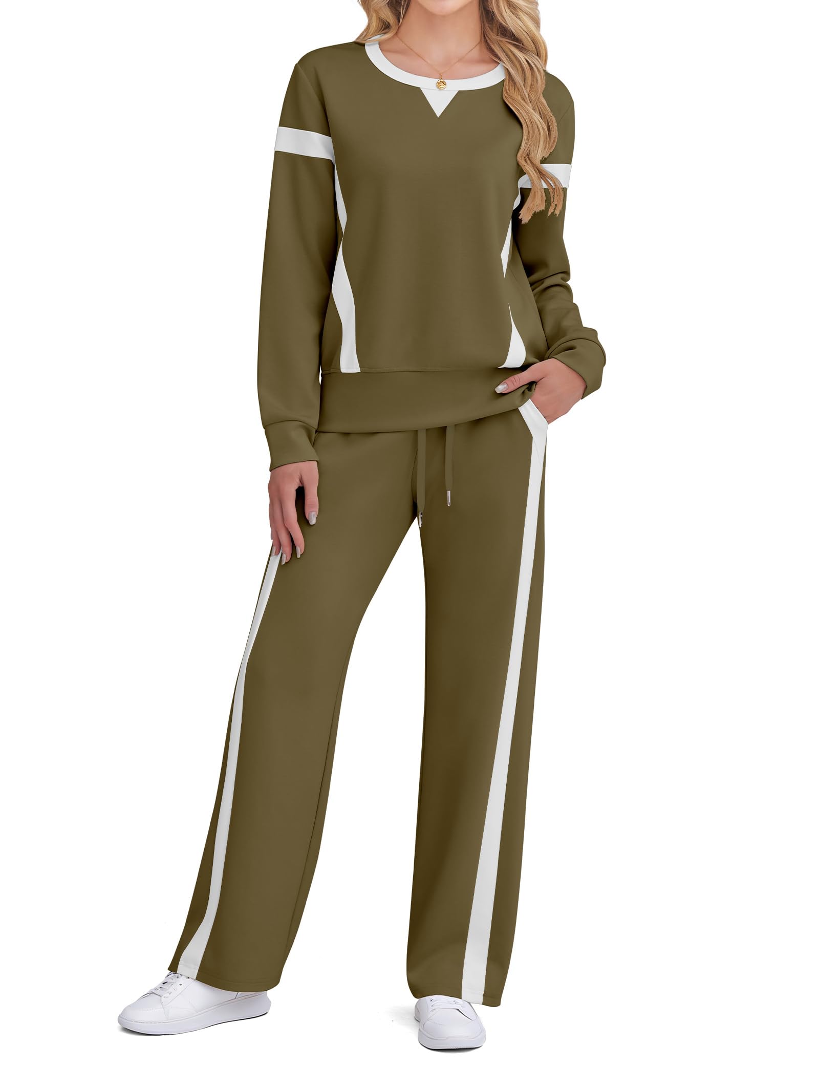 SHESHOW Women 2 Piece Lounge Set Tracksuit Color Block Pullover Wide Leg Pants Sweatsuit Matching Sets S-3XL