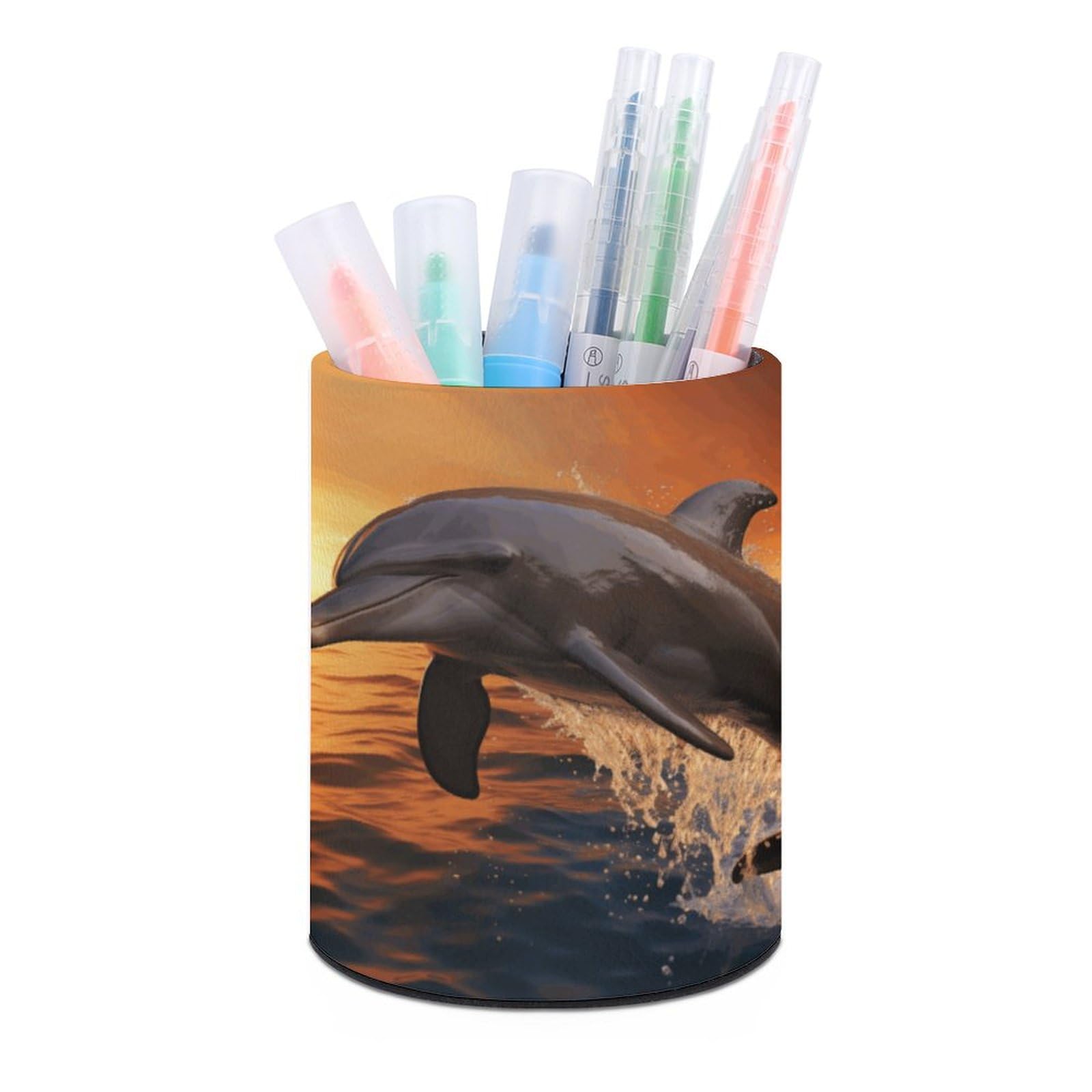 JTREHY Round Pen Holder,Dusk Dolphin Printed Makeup Brush Storage Box for Home Office Dressing Table