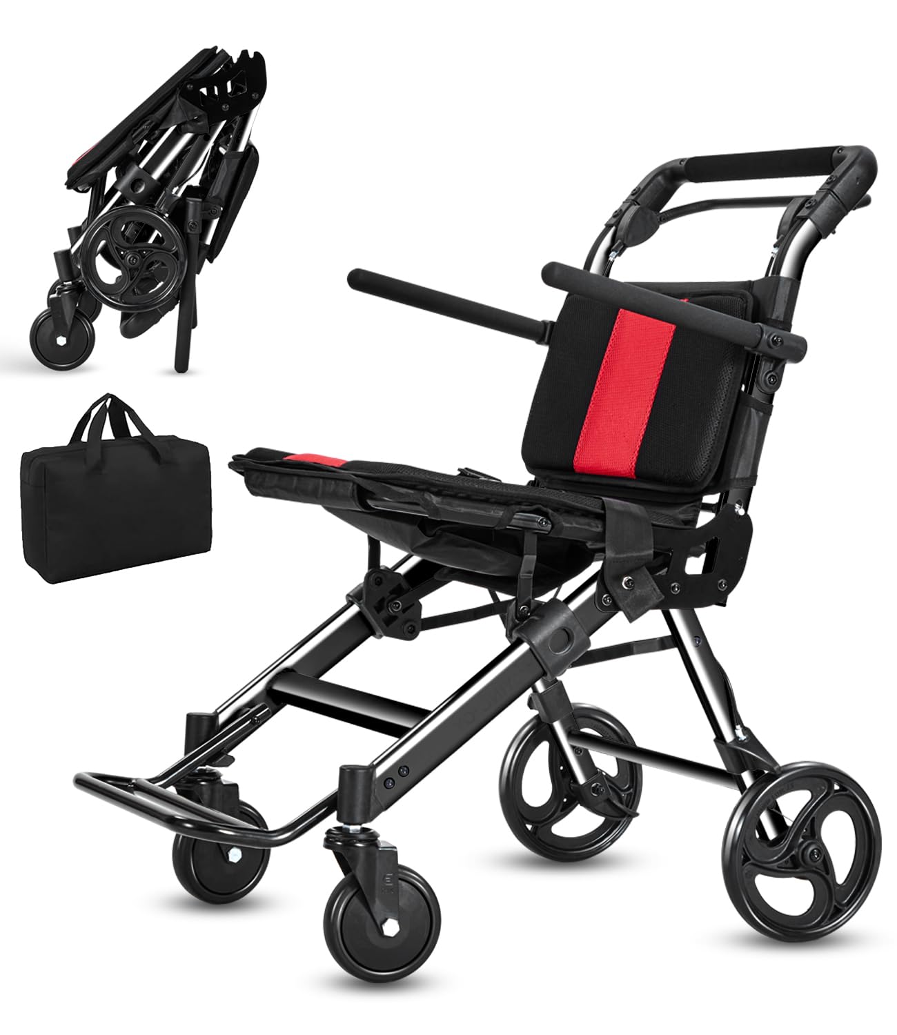 Wheelchairs for Adults,Transport Wheelchair Lightweight Foldable Chairs with Handbrakes,Portable Wheelchair Travel Wheel Chairs for Seniors，Up to 300lbs,Black