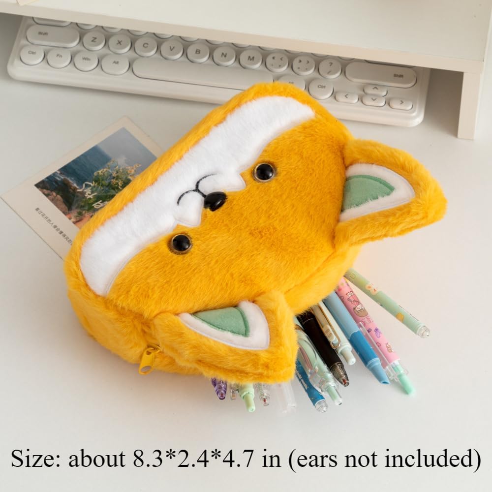 XZR Cute Pencil Case Pen Bag Makeup Bag Case Box Stocking Stuffers Vivid Creative Animal Fox Large Capacity Plush Fluffy Zipper Organizer Makeup Storage Bag Box Stylish Nice Gift (Orange)