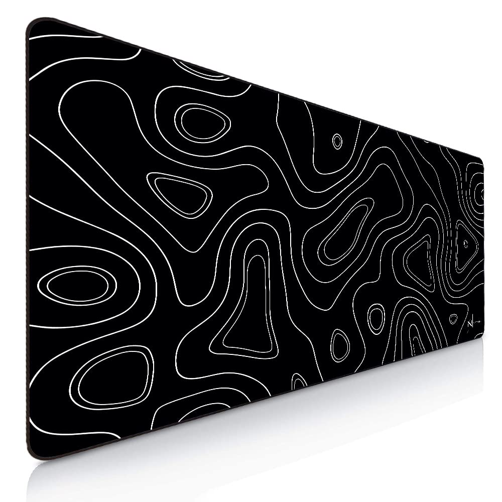 Nyfter - Tappetino per mouse 3XL per gaming, colore nero, con design topografico, 1200 x 600 mm, di alta qualità, grandi bordi cuciti, durevole, con Glide di alta qualità e antiscivolo, per gaming