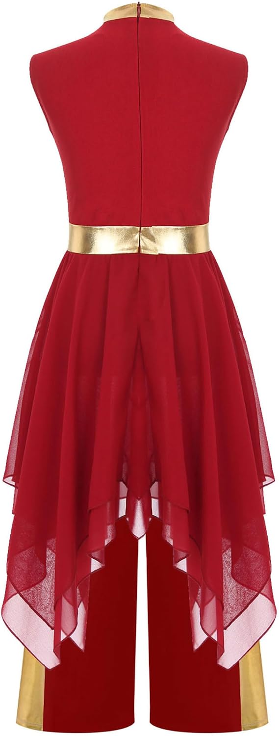 Kids Girls Metallic Sleeveless Irregular Liturgical Praise Dance Dress with Wide Leg Pants Set Worship Dancewear