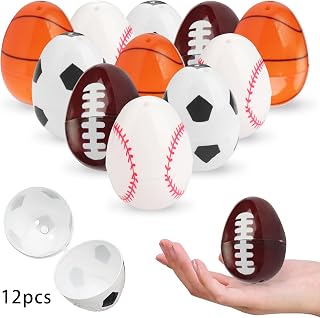 12PCS Plastic Sports Eggs for Birthday Stuffers, Sports Balls Plastic Eggs Fillable for Birthday Party Supplies Treats Basket Candy, Soccer Football Baseball Basketball Easter Egg Empty