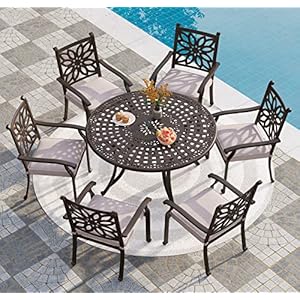 PHI VILLA Round Patio Dining Tables for 6 Person, Outdoor Aluminum Table 54" Dia with 2.1" Umbrella Hole, Lawn Garden Tables for All Weather PHI VILLA Round Patio Dining Tables for 6 Person Outdoor Aluminum Table 54 Dia with 21 Umbrella Hole Lawn Garden Tables for All Weather