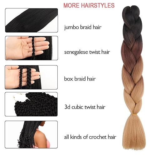 Miniatura 10 de Paquete de 3 extensiones de cabello trenzado de colores de 24 pulgadas, extensiones de cabello sintético de colores para trenzar, cabello trenzado