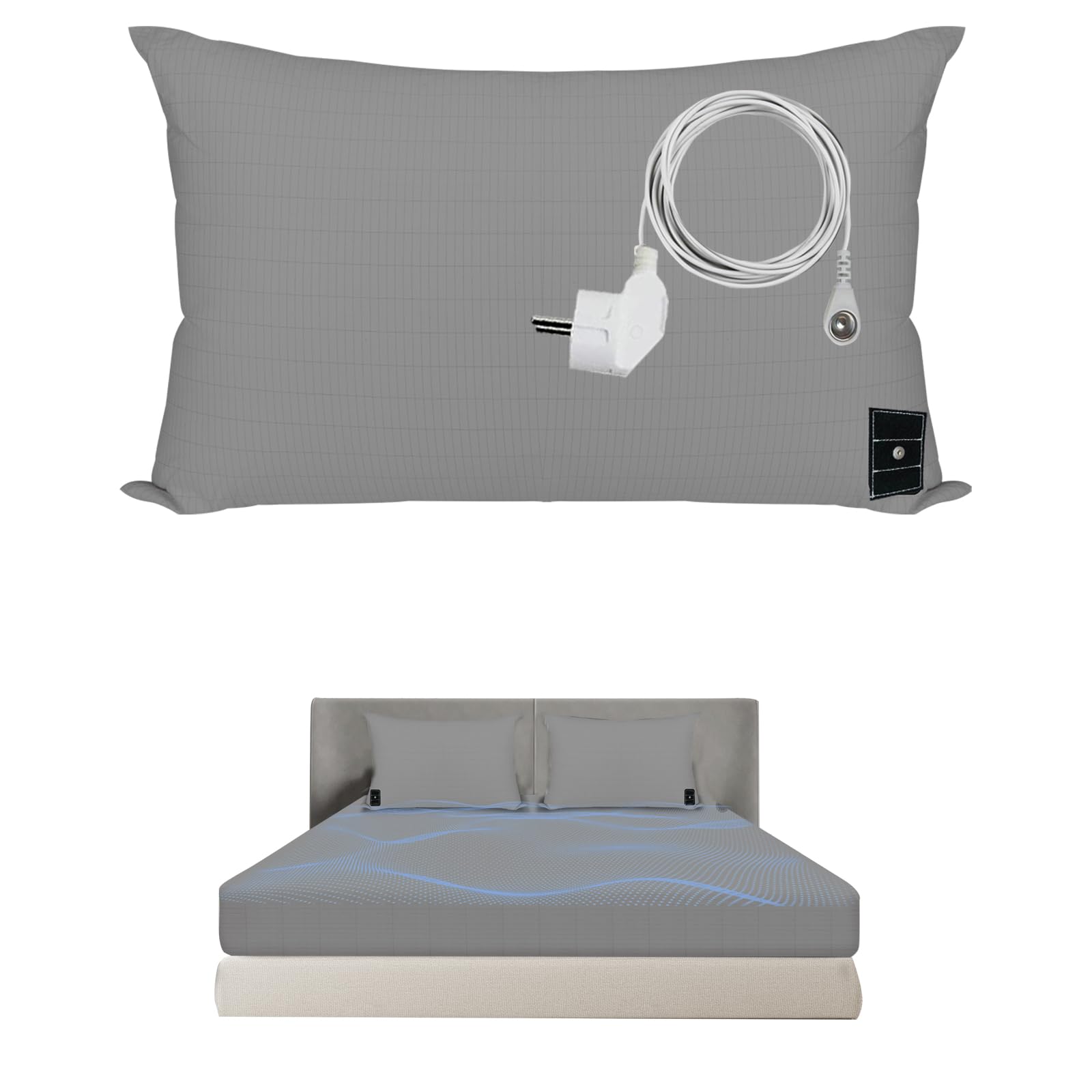HUNAIGEE Erdungs-Kissenbezug Erdungsprodukt Erdungskissen 51 x 76cm Kissenbezug Erdungsmatte leitfähig mit EU Erdungskabel für besseren Schlaf Grau
