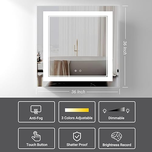 Miniatura 2 de Espejo de baño LED de 36 x 36 pulgadas, espejo de baño con luces, espejo LED para baño, espejo de baño iluminado, espejo de baño con luz regulable