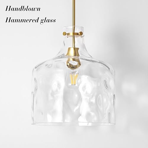 Miniatura 8 de Lámpara colgante extragrande de 16 pulgadas para casa de campo, pantalla de vidrio martillado soplado a mano, acabado dorado, cadena ajustable para