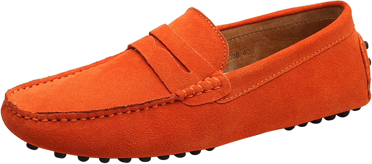 Santimon Mens Driving Penny Loafers Suede Leather Comfortable Casual Slip On Shoes Moccasins Orange 10 US