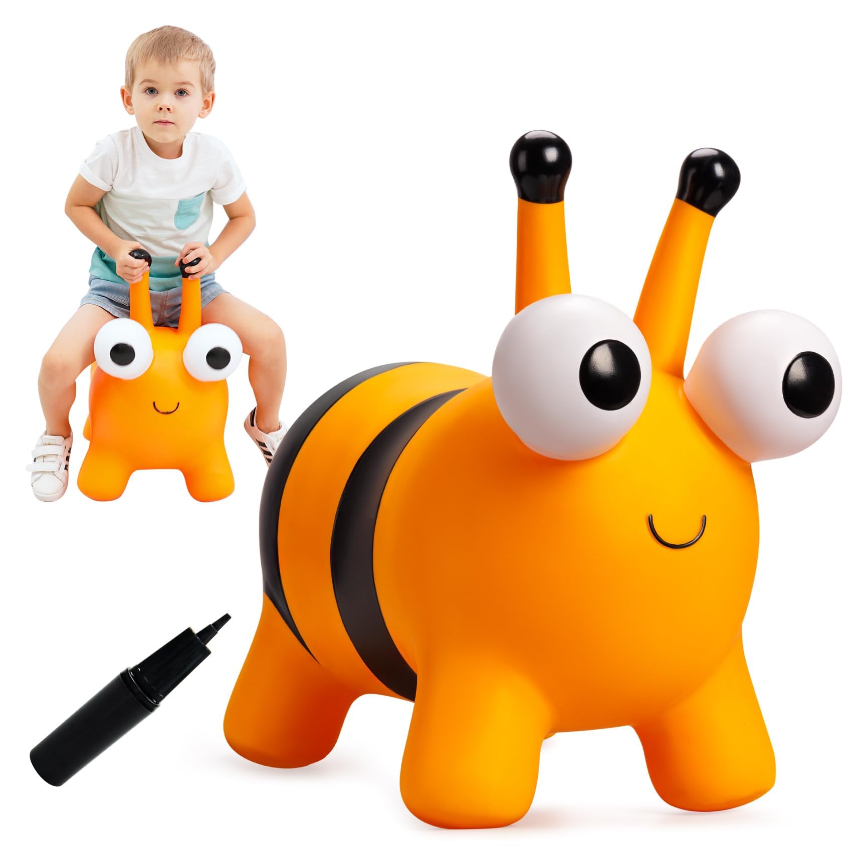 Bouncy Animals for Toddlers 2-7years old, Bee Bouncy Horse for Toddlers 2-7years old, Inflatable Ride-On Bouncy Animal Hopper Toys, Easter Gift, Outdoor Indoor Soft Play Equipment (Pump Included)