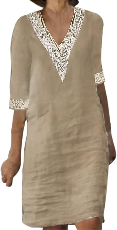 Abito Estivo Donna Con Scollo A V - Midi Ginocchio, Maniche Corte, Linea A, Taglie Forti