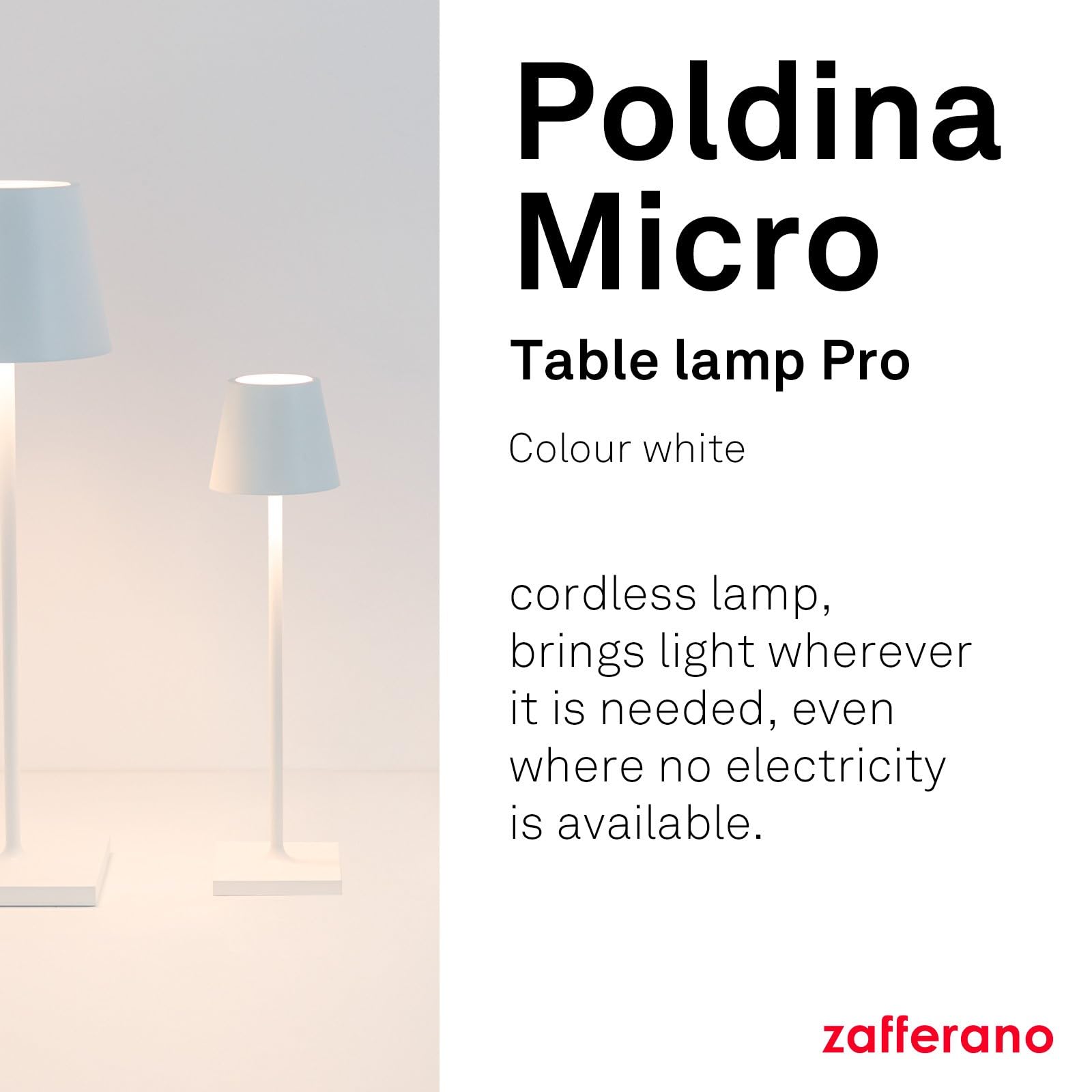 Zafferano, Poldina Micro Lamp, Rechargeable Cordless Table Lamp with Touch Controls, Suitable for Interior and Outdoor Dimmer - Image 2