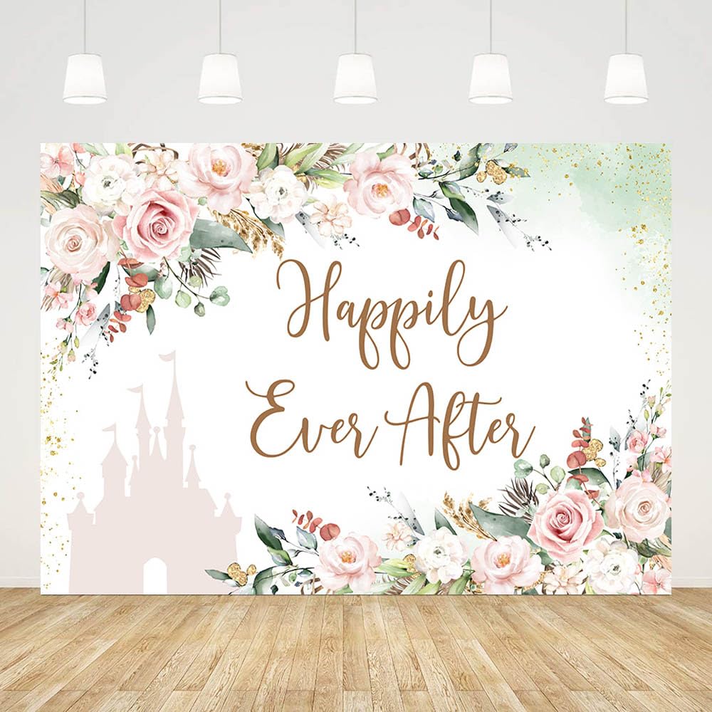 AIBIIN 7x5ft Happily Ever After Backdrop for Bridal Shower White Pink Floral Bride to Be Wedding Photography Background Gold Dots Bridal Shower