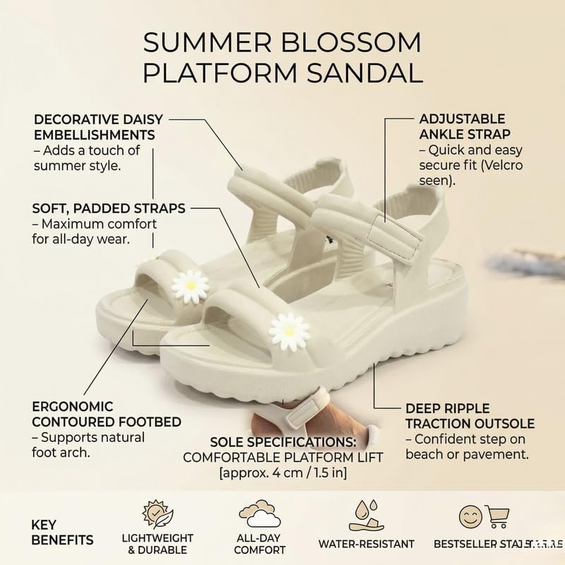 Image of Women's Platform Wedge Sandal with Daisy Flower Embellishment | Ankle Strap EVA Sole | Lightweight Casual Sandal for Women & Girls | Comfortable Daily Wear