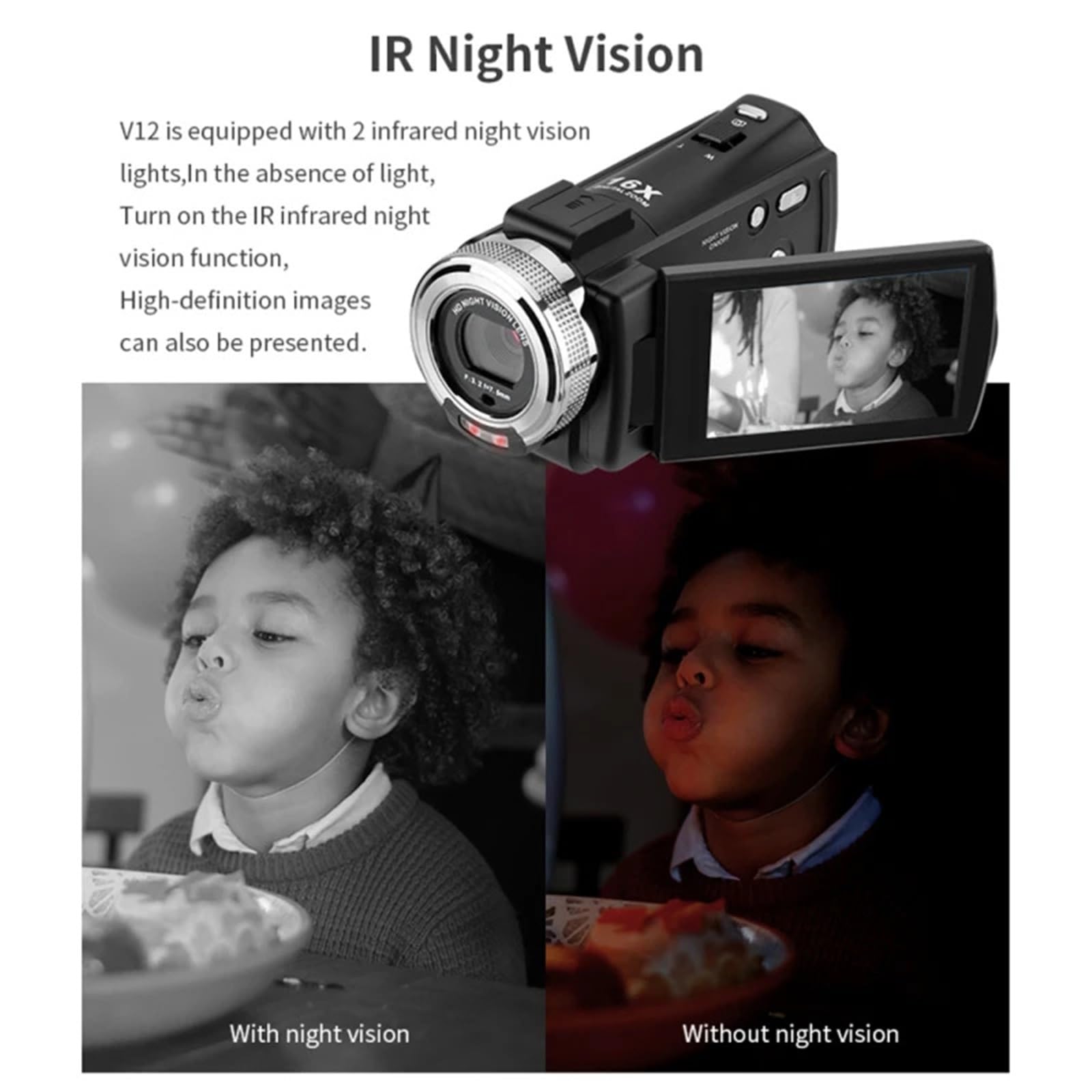 Videocamera, Videocamera portatile con registrazione video V12 1080P Full HD 16X con zoom digitale e schermo LCD girevole da 3,0"