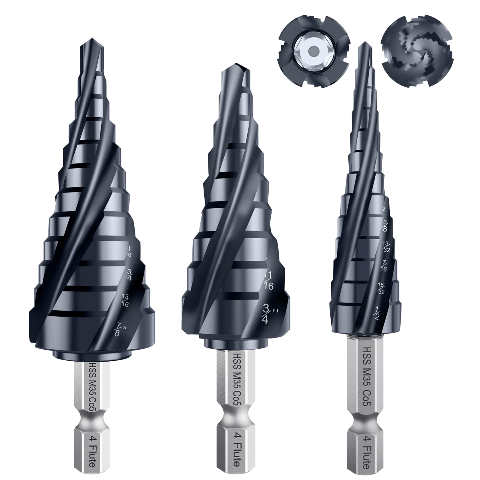 Wiertło stopniowe M35, 1/20.3 cm-7/20.3 cm (3 szt.) ultra powlekane, wiertło sześciokątne 1/10.2 cm do metalu, stali nierdzewnej, aluminium, miedzi, drewna, PCW