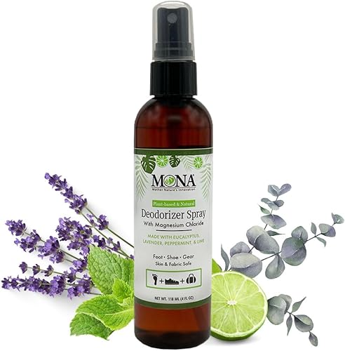 MONA BRANDS - Spray desodorizante para pies y engranajes, 100% natural y vegano, para todas las edades, tipos de piel y superficies Eliminación de