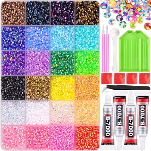 34000Pcs Resin Jelly Rhinestones for Bedazzling, Multicolor 3mm Flatback Gems for Diamond Art, Bedazzler Kit with 3Pcs 10ml B7000 Jewelry Glue for Bedazzle Thing Crafting Book Nail Art