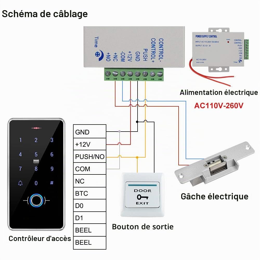 FST Kit de Système de Contrôle d'accès de Porte Ensemble d'empreintes Digitales Biométriques IP68 Clavier RFID étanche + Alimentation + Serrure électrique NC + 10pcs 13.56MHz porte-clés RFID