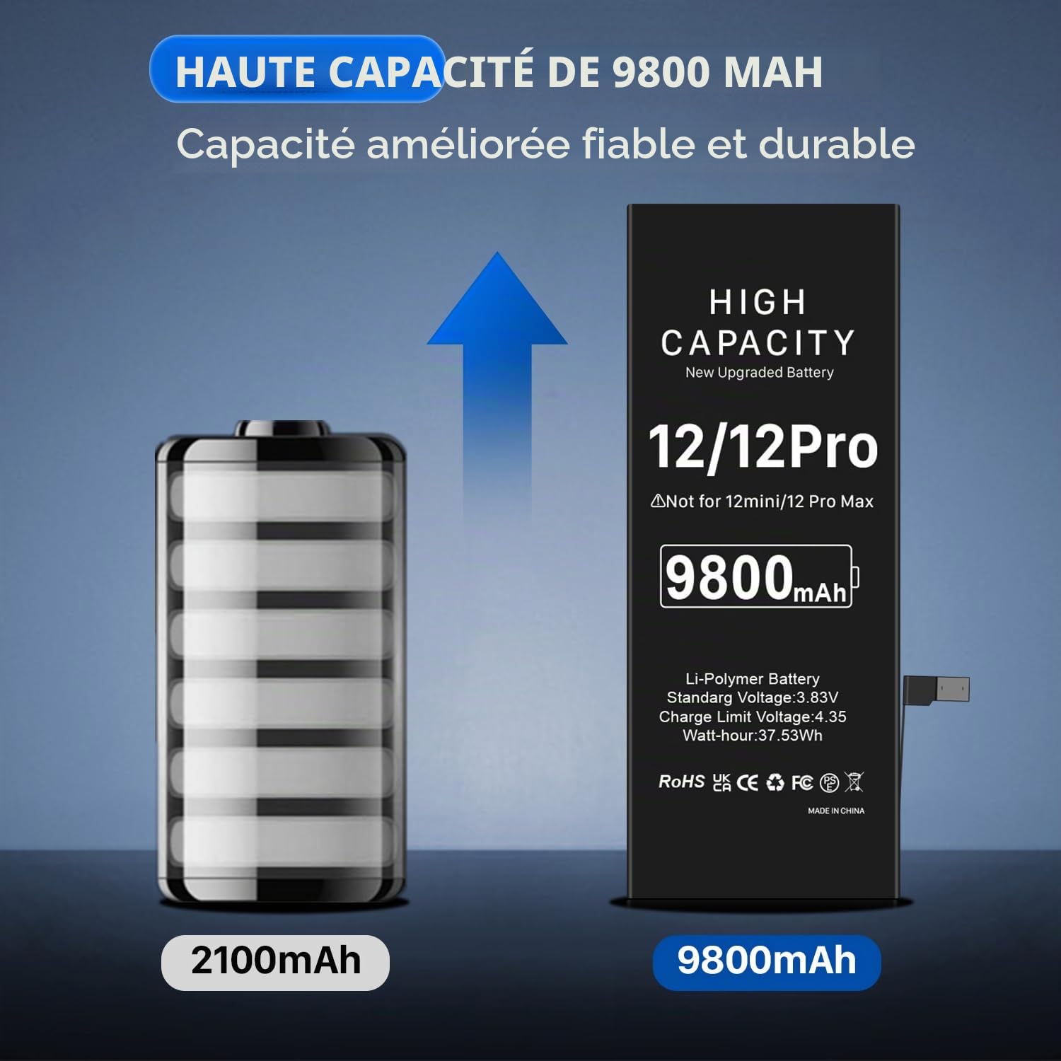 [9800mAh] Batterie pour iPhone 12, Haute capacité Remplacement de Batterie pour iPhone 12 et 12 Pro modèles A2172, A2402, A2403, A2404 avec kit d'outils