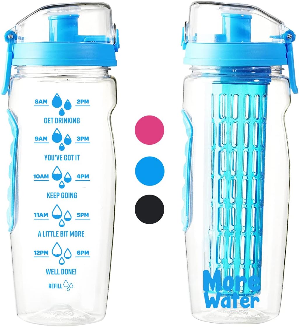 Water Bottle With Fruit Infuser + Time Markings - Motivational Diffuser Litre Drinking Bottles - Times To Drink
