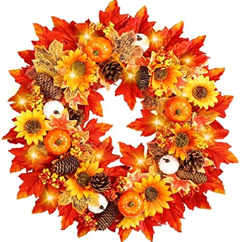 Fayavoo 22 Inch Fall Wreaths for Front Door Outside with 30 Led Lights, Harvest Fall Door Wreath Artificial Autumn Wreath with Pumpkin Maple Leaves Thanksgiving Decorations Fall Decorations for Home