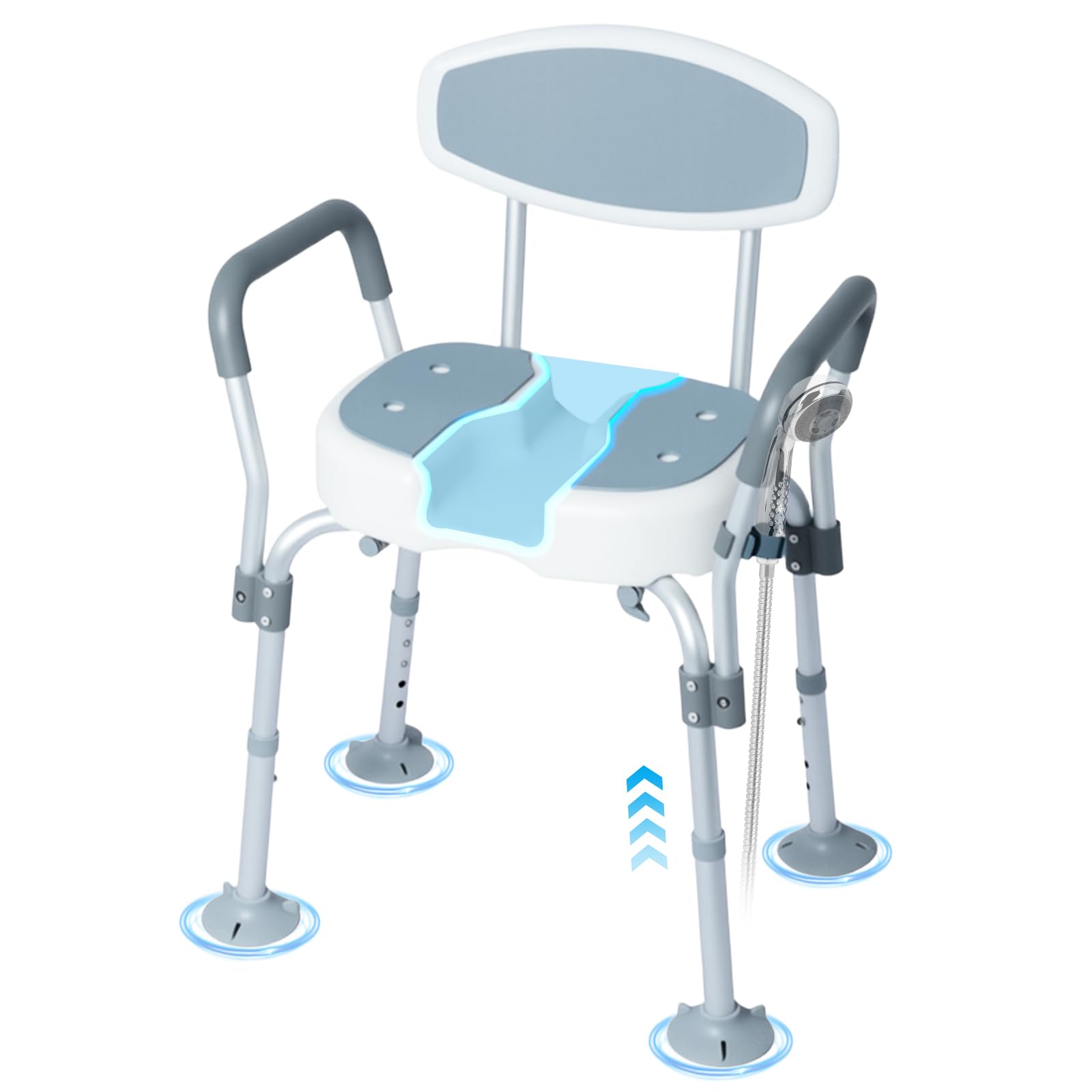 Bostar Silla Ducha Personas Mayores Antideslizante con Respaldo y Reposabrazos/Diseño Forma de U, MAX. 136 kg Regulable 5 Alturas 44,5-55 cm Taburete Baño para Bañera y Ducha
