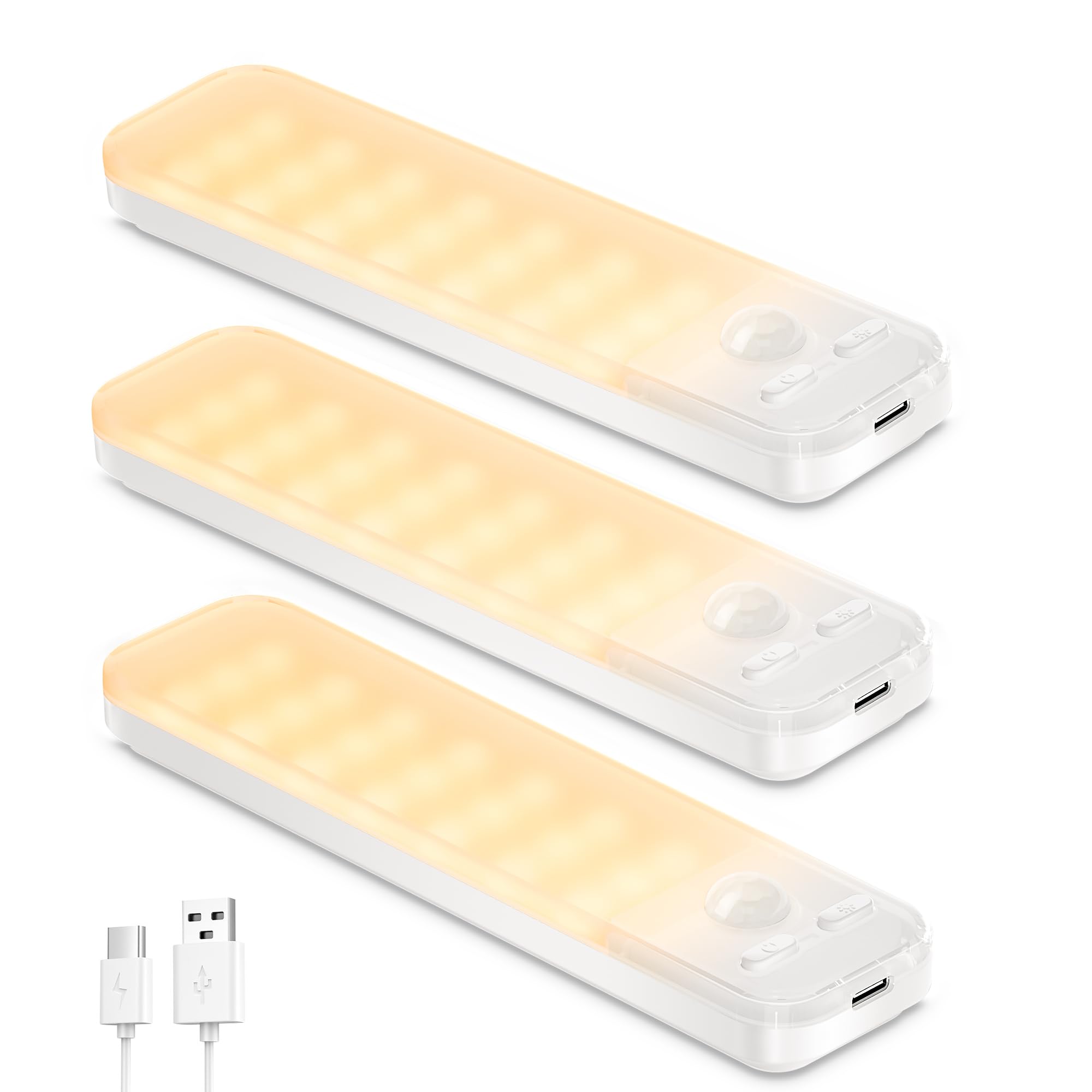 Schrankbeleuchtung Unterbauleuchte Küche LED 3 Stück Dimmbar mit Bewegungsmelder Innen, Akku Schrankleuchte Lampe USB-C Aufladbare LED Leiste Magnetische Lampen für Treppe,Wohnzimmer-3000K (Warmweiß)