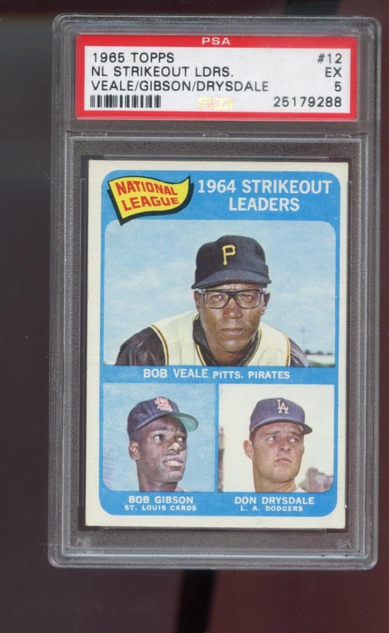 1965 Topps #12 N.L. Strikeout Leaders Bob Veale Bob Gibson Don Drysdale PSA 5 Graded Baseball Card MLB NL National League SO